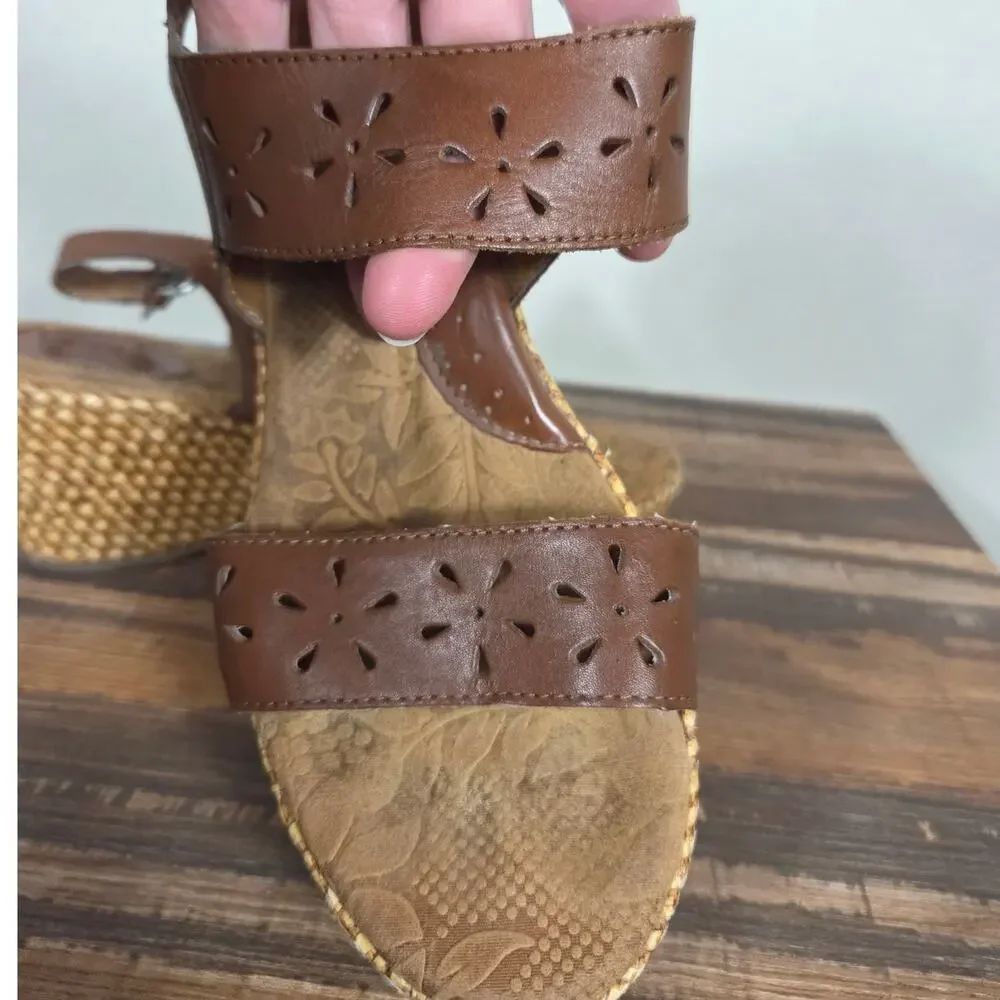Born Concept Woman's Brown Leather Wedge Heel Tan Weave Sandal Size 9 Boho Indie